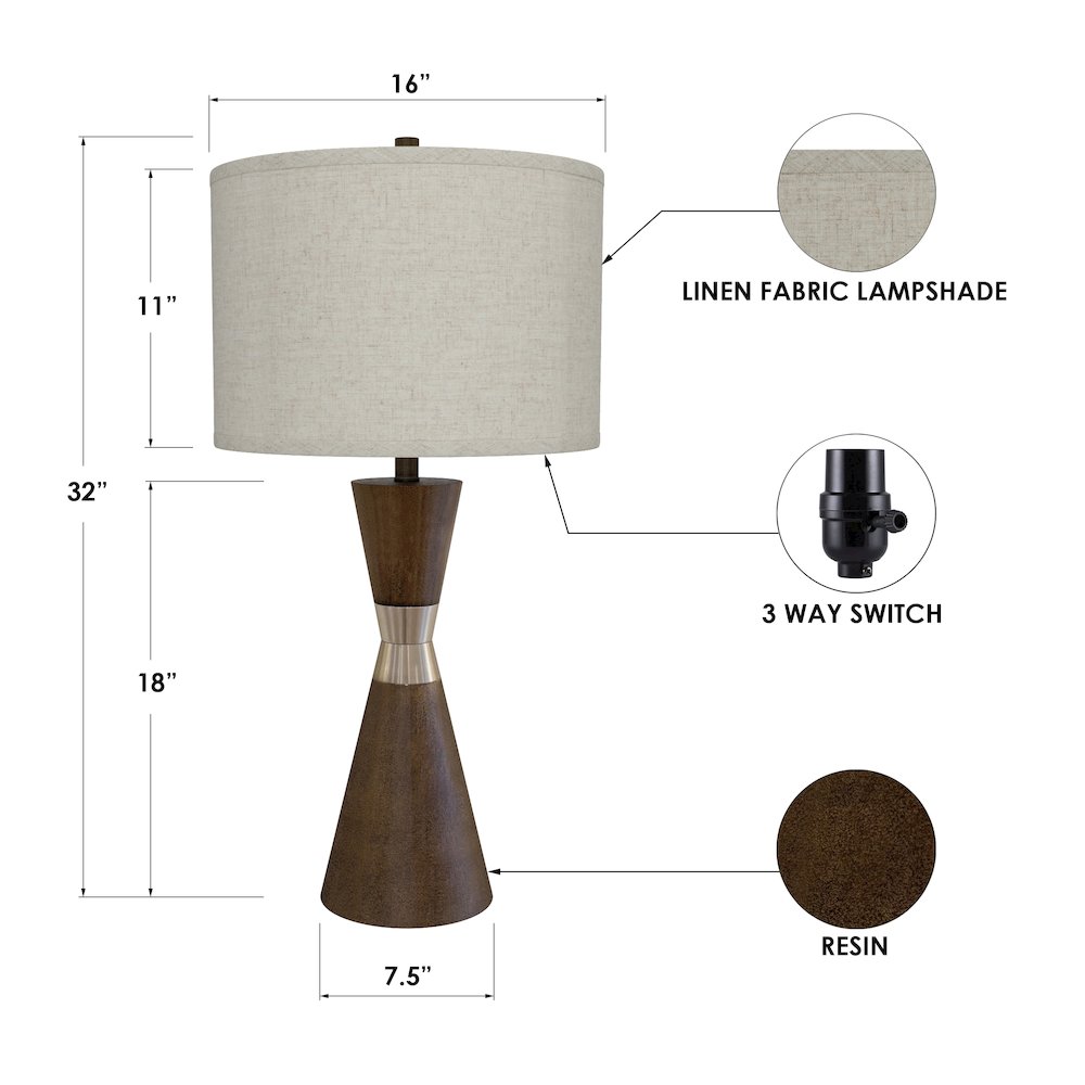 Hourglass, 30.5" Brown Resin & Metal Table Lamps (Set of 2, Contemporary). Picture 3