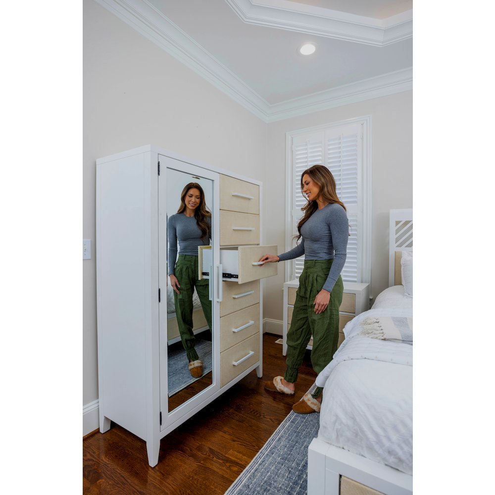 Miramar - Woven Mirrored Door Chest - Sand and Stark White Finish. Picture 15