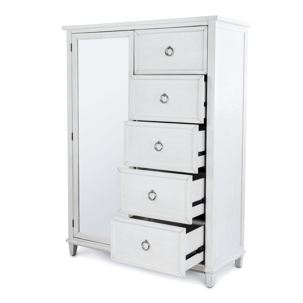 Point Breeze - Mirrored Door Chest - Fresh White with Soft Grey Glaze Finish. Picture 4