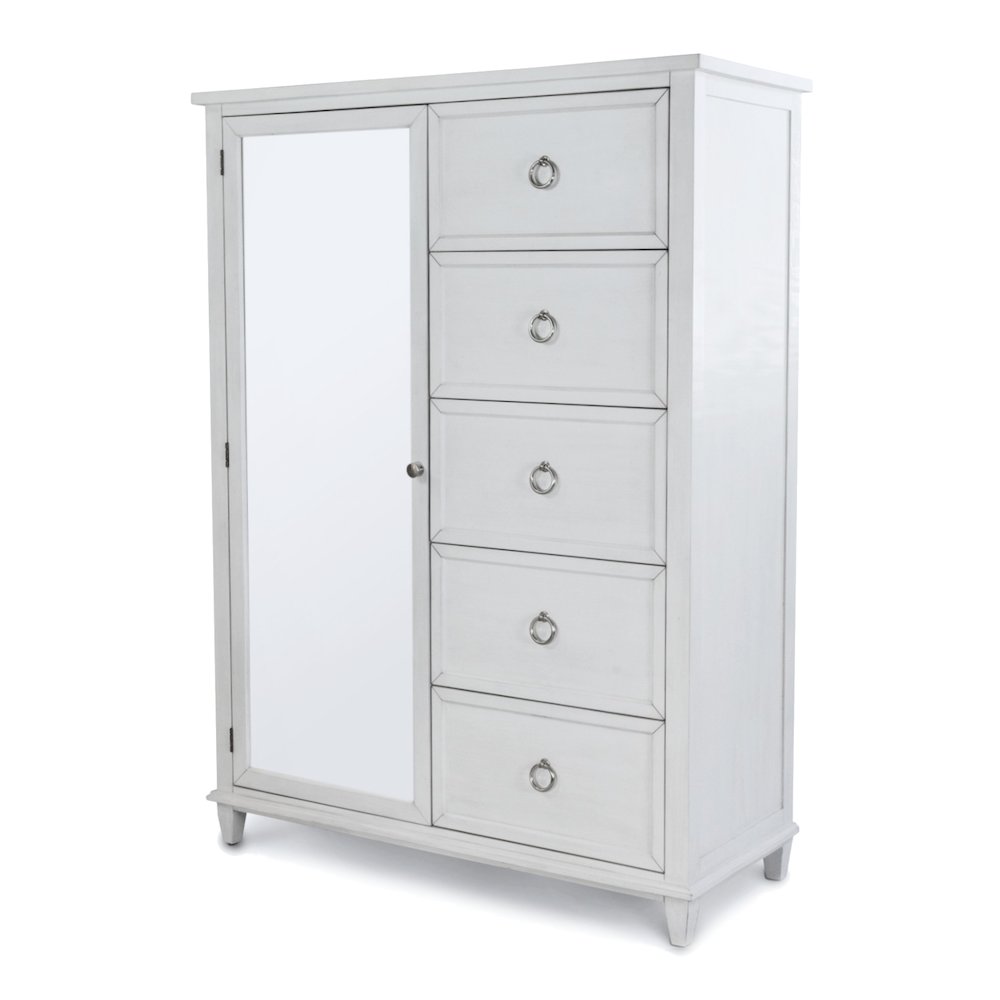 Point Breeze - Mirrored Door Chest - Fresh White with Soft Grey Glaze Finish. Picture 1