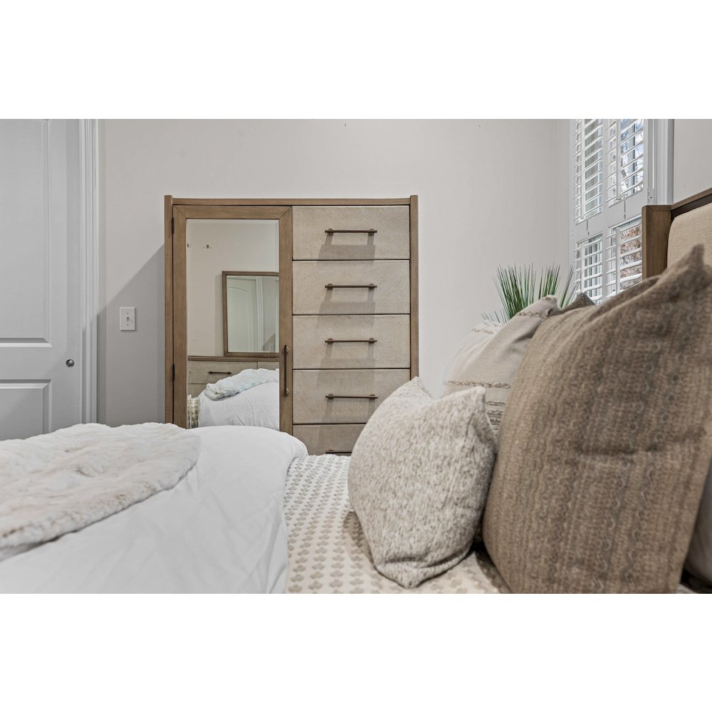 Rio Vista - Woven Mirrored Door Chest - Muted Earth Tones and Clay Finish. Picture 7
