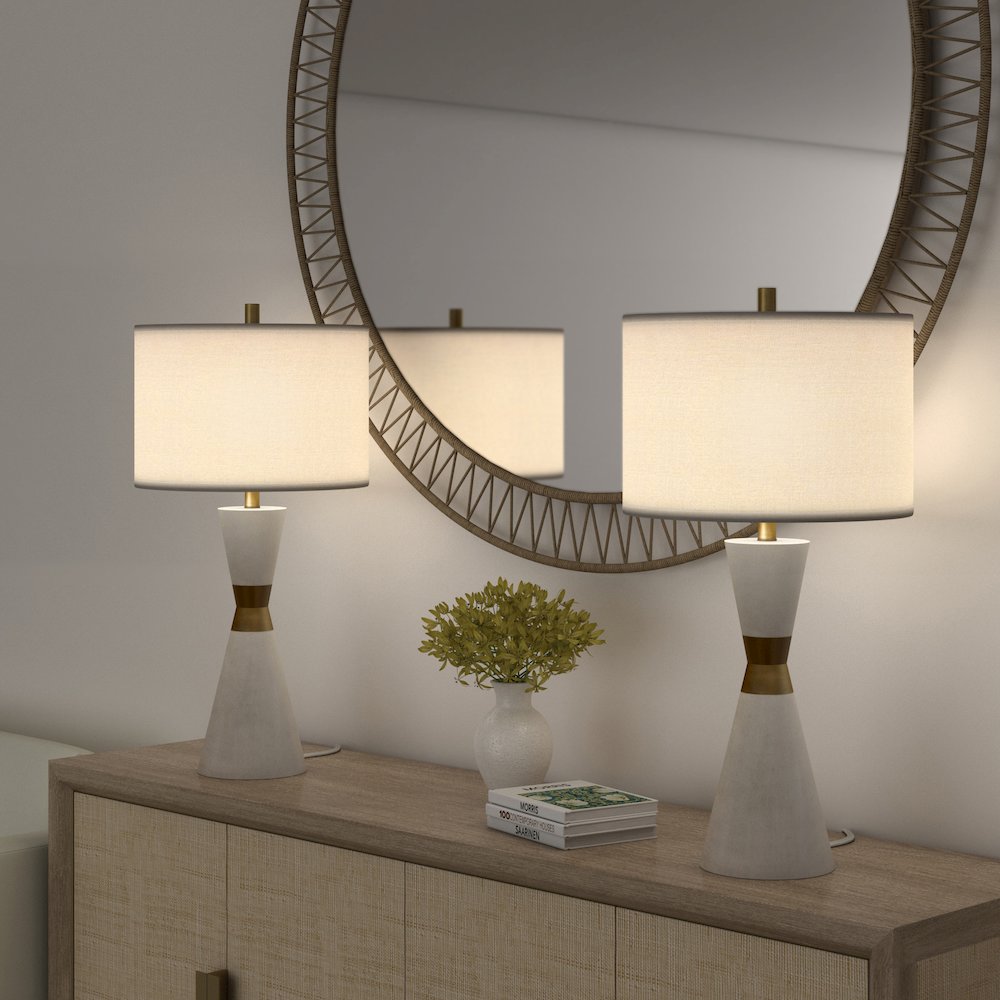 Hourglass - 30.5" Resin and Metal Table Lamp - Set of Two - White, Gold Finish. Picture 4