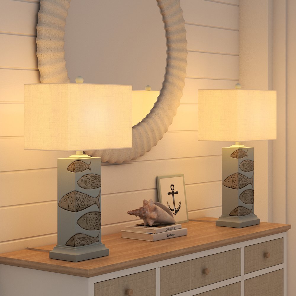 Pompano - 28" Polyresin Coastal Fish Table Lamp - Set of 2 - Blue, White. Picture 8