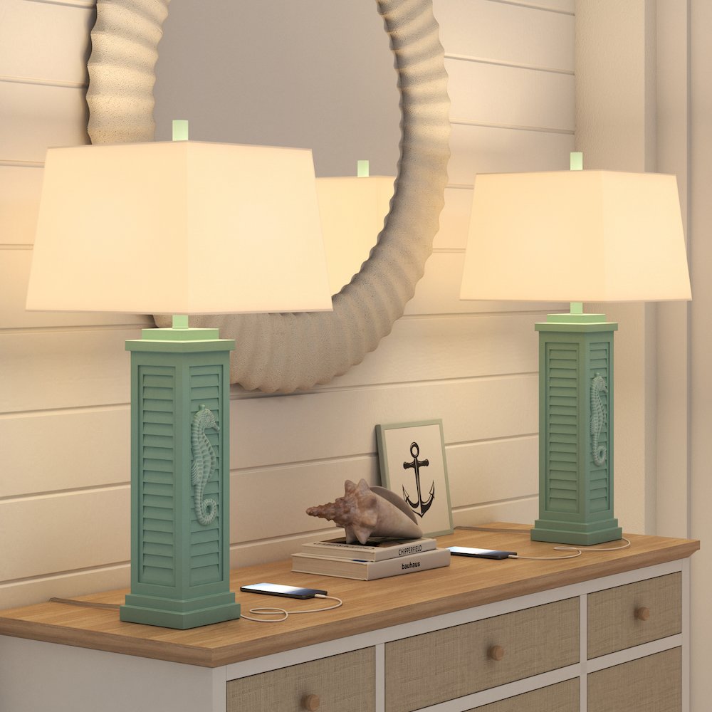 Sea Horse Shutter - 32" Shutter Lamp with USB - Set of 2 - Teal Finish. Picture 9