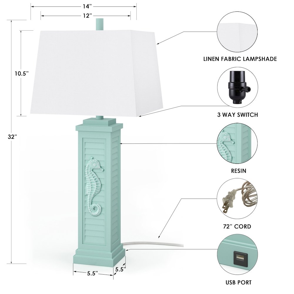 Sea Horse Shutter - 32" Shutter Lamp with USB - Set of 2 - Teal Finish. Picture 5
