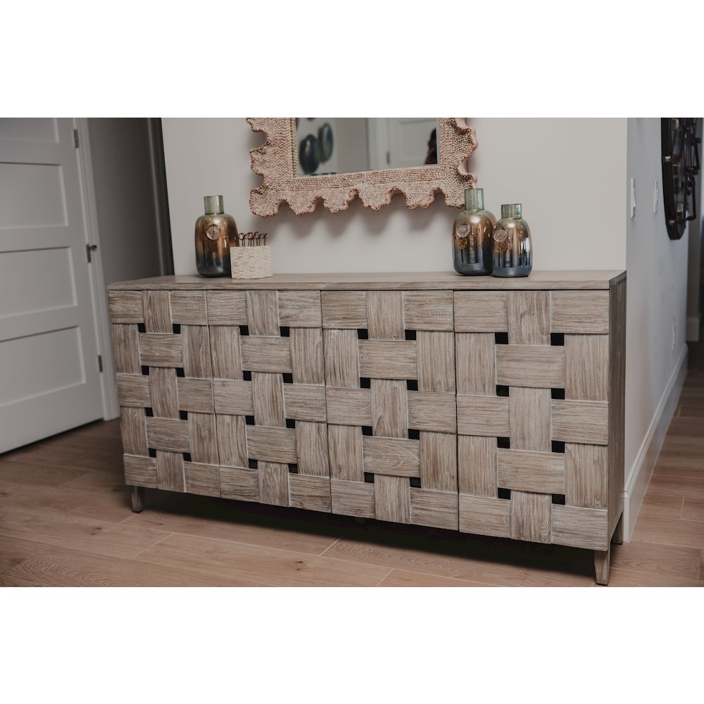 Wooden Weave - 4-Door Credenza with Soft Close Doors - Grey Finish. Picture 2
