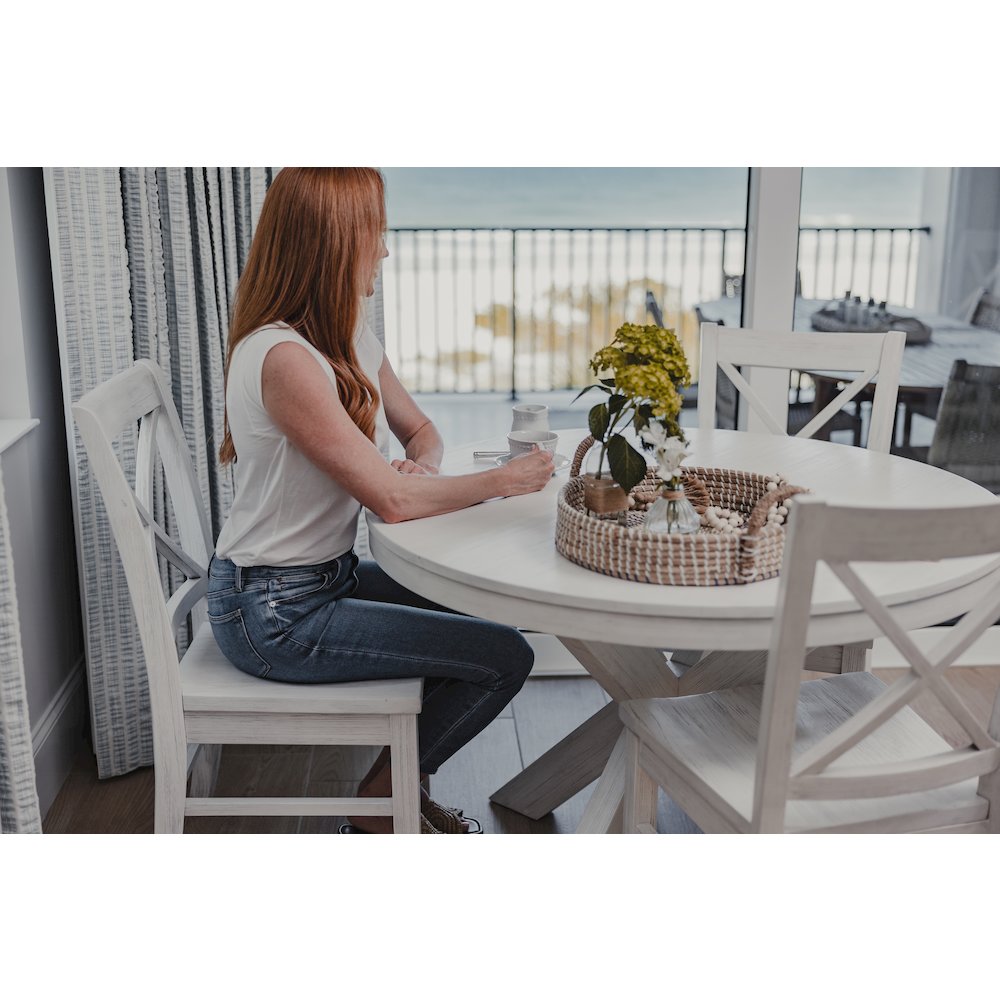 Surfside 45" Round Dining Table  X Shaped Base Weathered White Finish. Picture 7