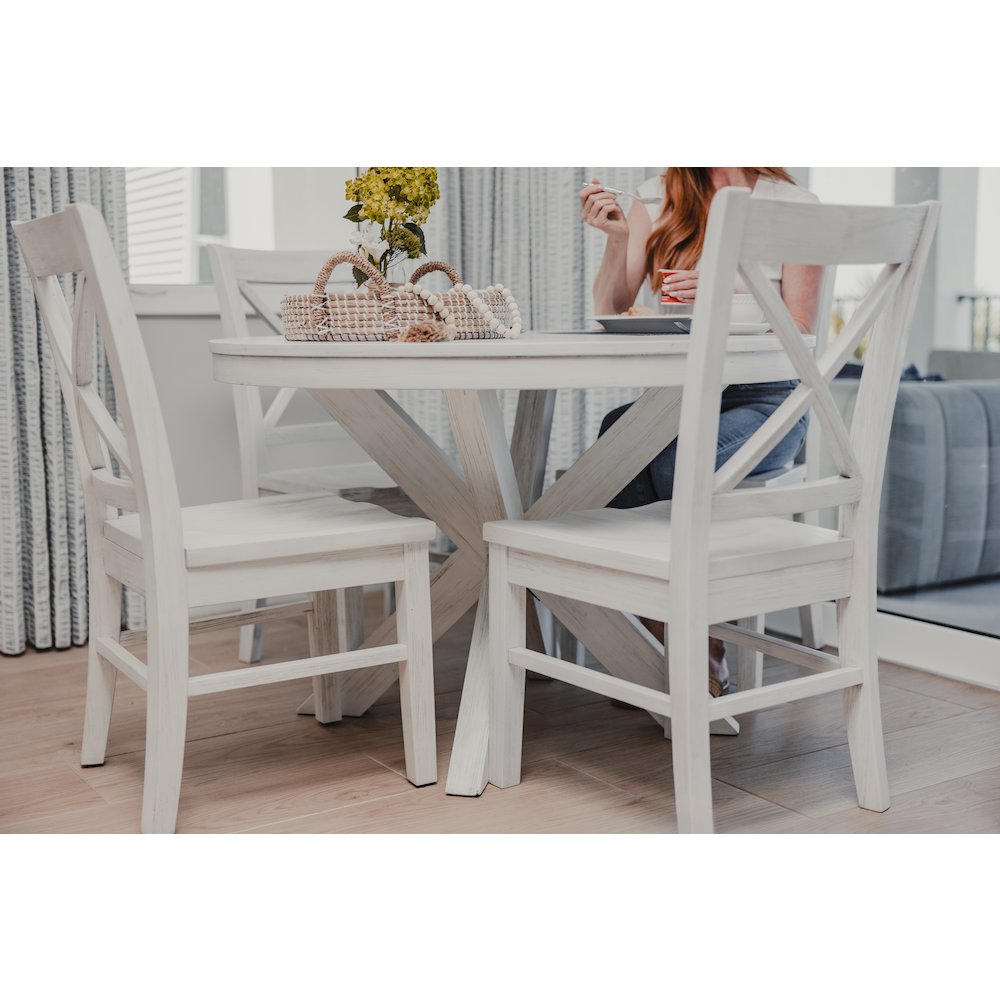 Surfside 45" Round Dining Table  X Shaped Base Weathered White Finish. Picture 4