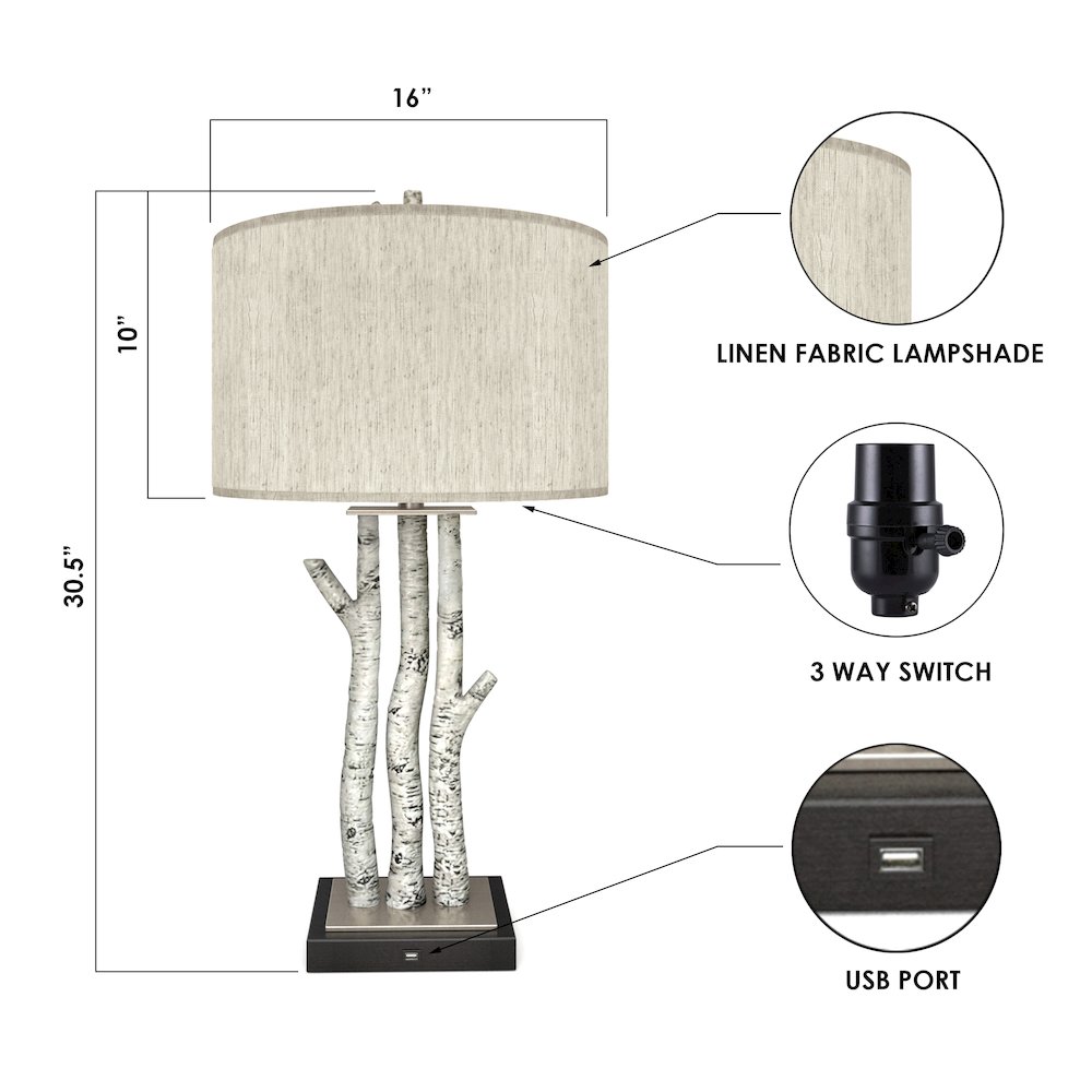 Birchwood Trio - 29.5" Table Lamp with USB - Set of 2 - White Wash Finish. Picture 3