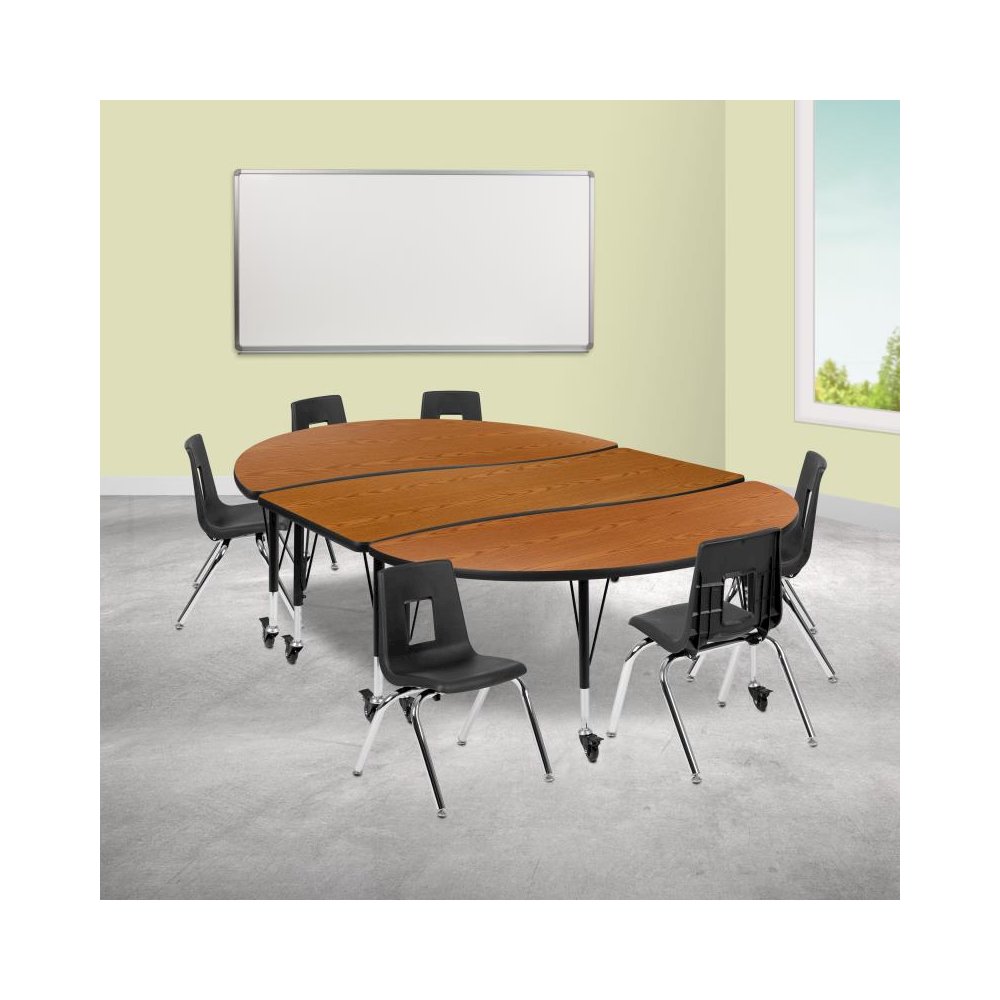 86" Oval Wave Flexible Laminate Activity Table Set with 14" Student Stack Chairs, Oak/Black. Picture 2