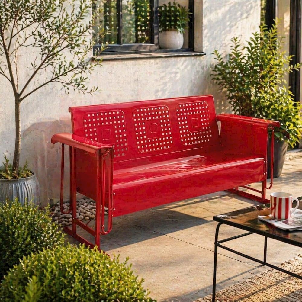 Red outdoor sofa glider with sturdy frame and comfortable seating for three. Picture 3