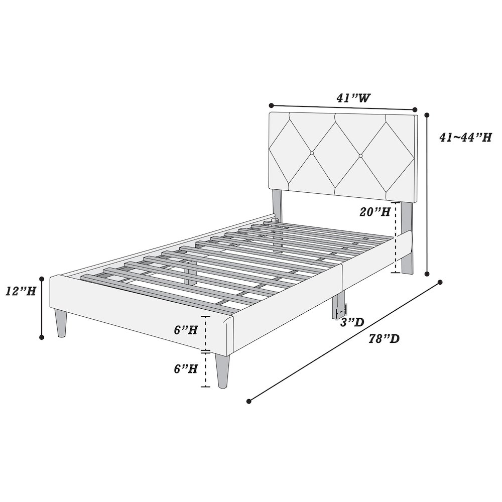 Adjustable Diamond Tufted Headboard Twin Bed Frame in Gray Velvet. Picture 5