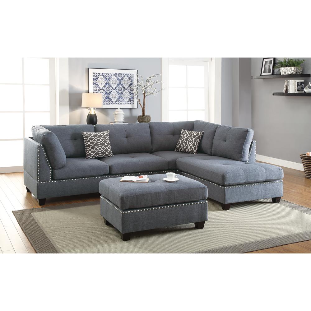 Poundex 3 Piece Fabric Sectional Set with Ottoman in Blue, 104" W x 75" D x 35" H, Package Weight 98. Picture 2