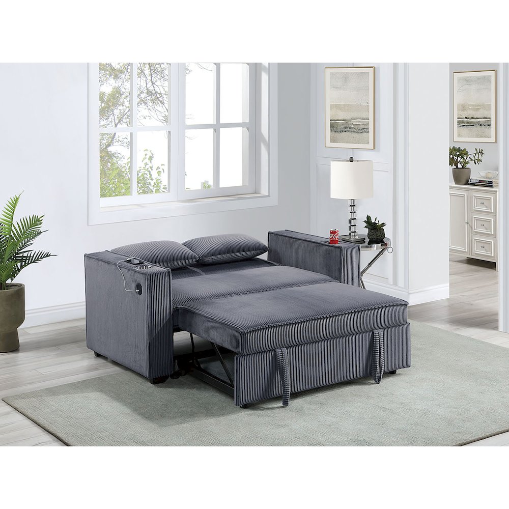 Upholstered Corduroy Convertible Sofa with Cupholders in Dark Gray. Picture 5