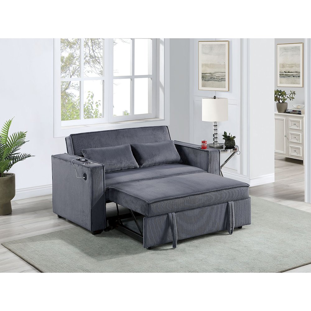 Upholstered Corduroy Convertible Sofa with Cupholders in Dark Gray. Picture 4