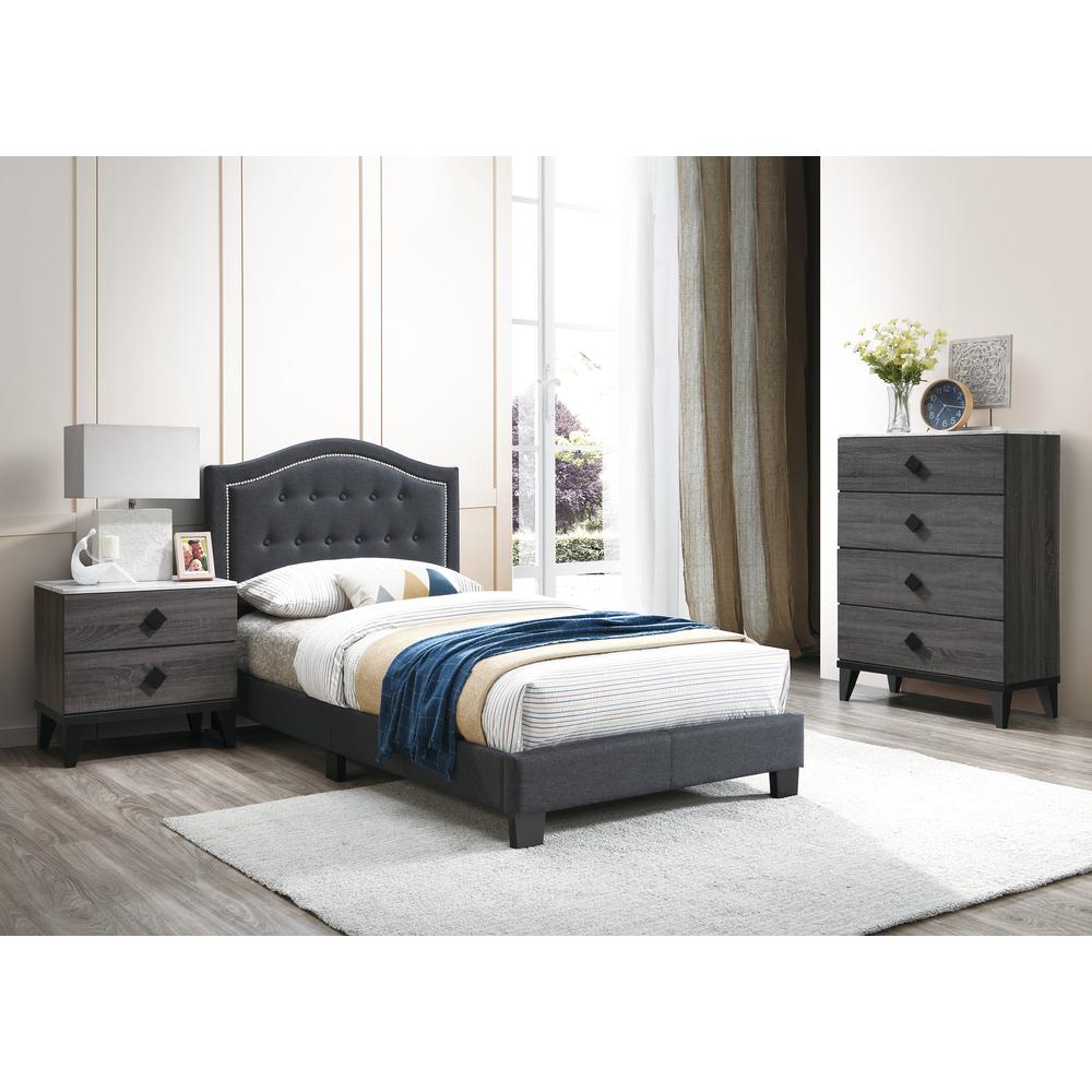 PoundexTwin Upholstered Bed Frame with Slats in Charcoal Burlap Fabric. Picture 3