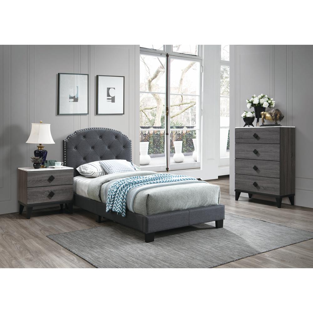 Twin Upholstered Bed Frame with Slats in Charcoal Burlap Fabric. Picture 5