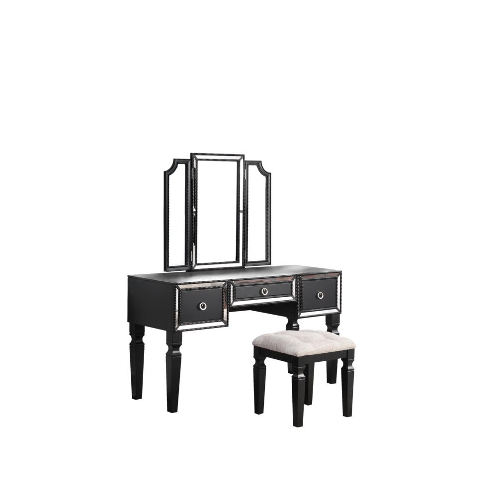 Poundex Wooden Makeup Vanity Set with Tri-fold Mirror and Stool - Black, 54" W x 19" D x 60" H, Package Weight 114. Picture 2