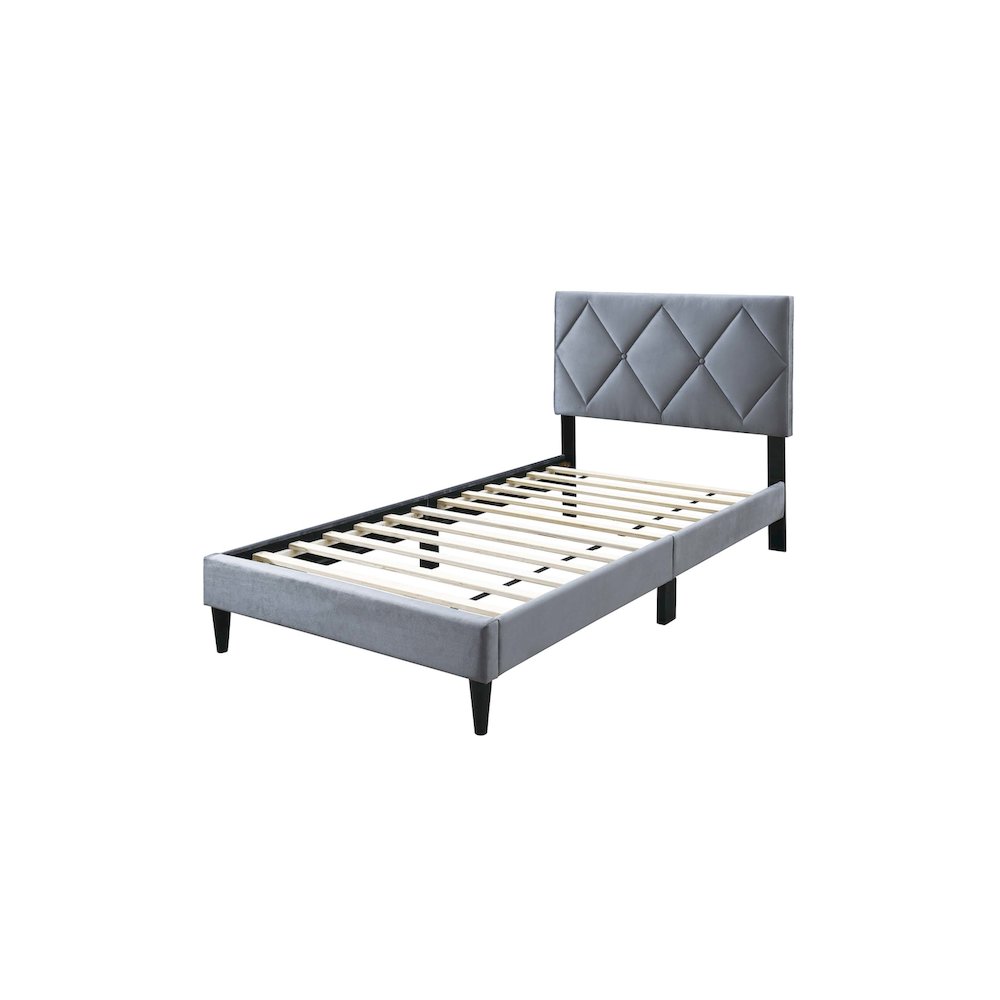 Adjustable Diamond Tufted Headboard Twin Bed Frame in Gray Velvet. Picture 1