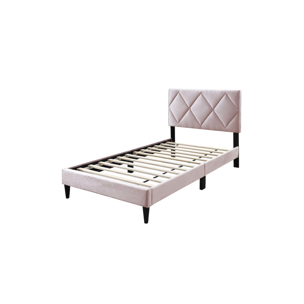Adjustable Diamond Tufted Headboard Twin Bed Frame in Light Pink Velvet. Picture 1