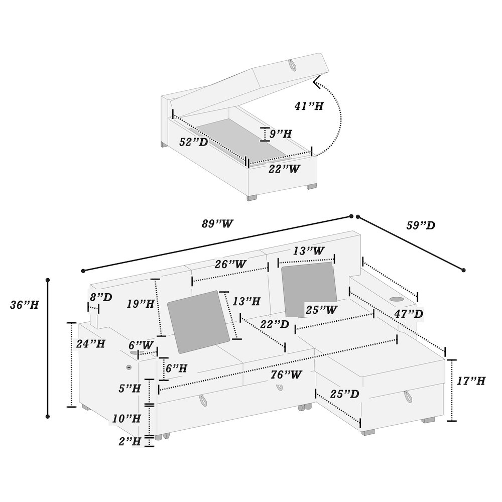 Upholstered Corduroy Reversible Storage Chaise Convertible Sectional in Beige. Picture 5