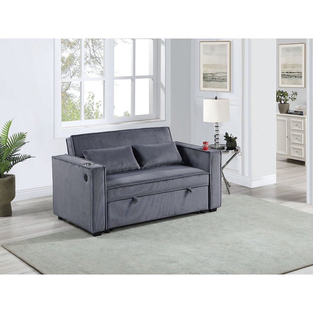Upholstered Corduroy Convertible Sofa with Cupholders in Dark Gray. Picture 3