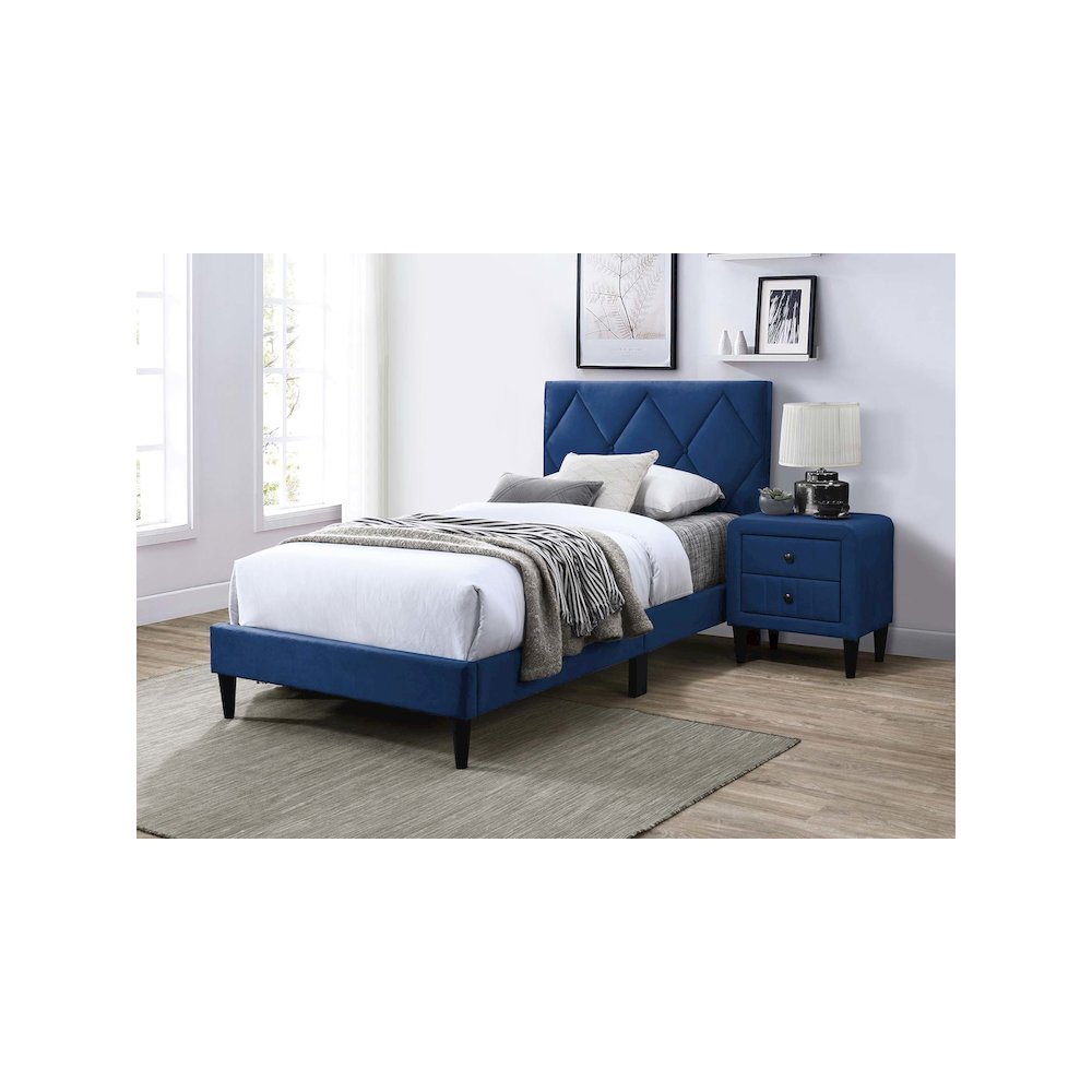 Adjustable Diamond Tufted Headboard Twin Bed Frame in Navy Blue Velvet. Picture 4