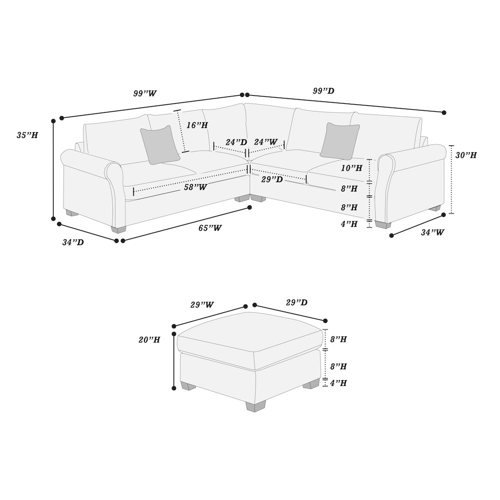 Upholstered Corduroy 4-Piece Sectional in Dark Gray. Picture 5