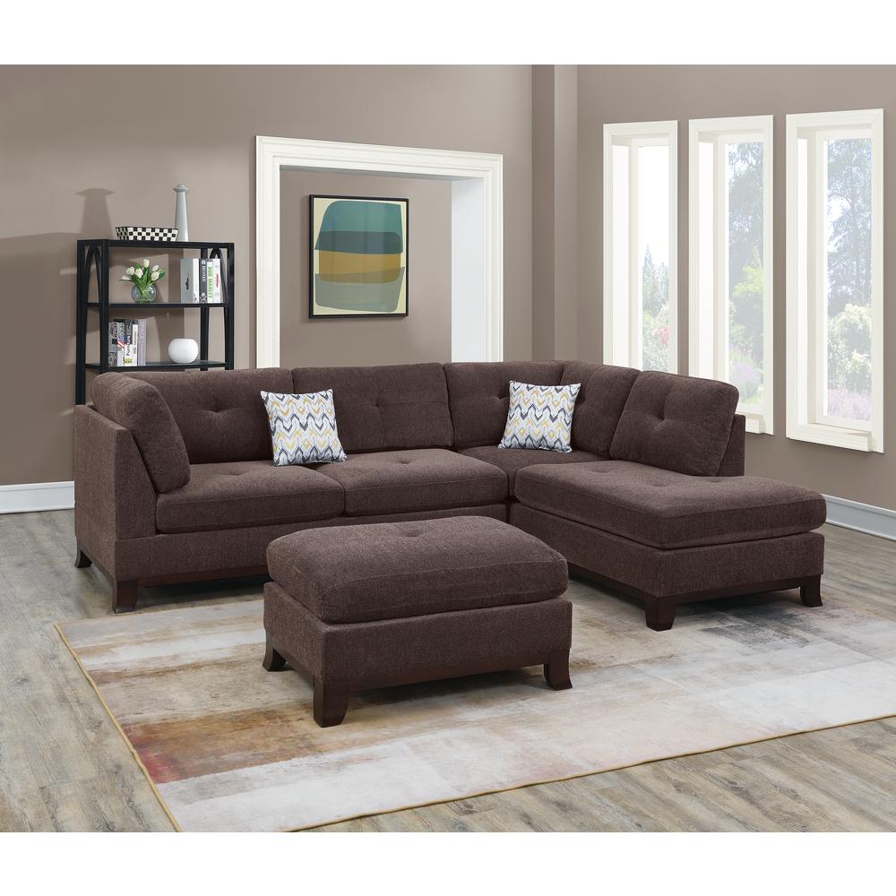 Poundex 3 Piece Fabric Sectional Set with Ottoman in Dark Coffee, 104" W x 75" D x 35" H, Package Weight 102. Picture 7