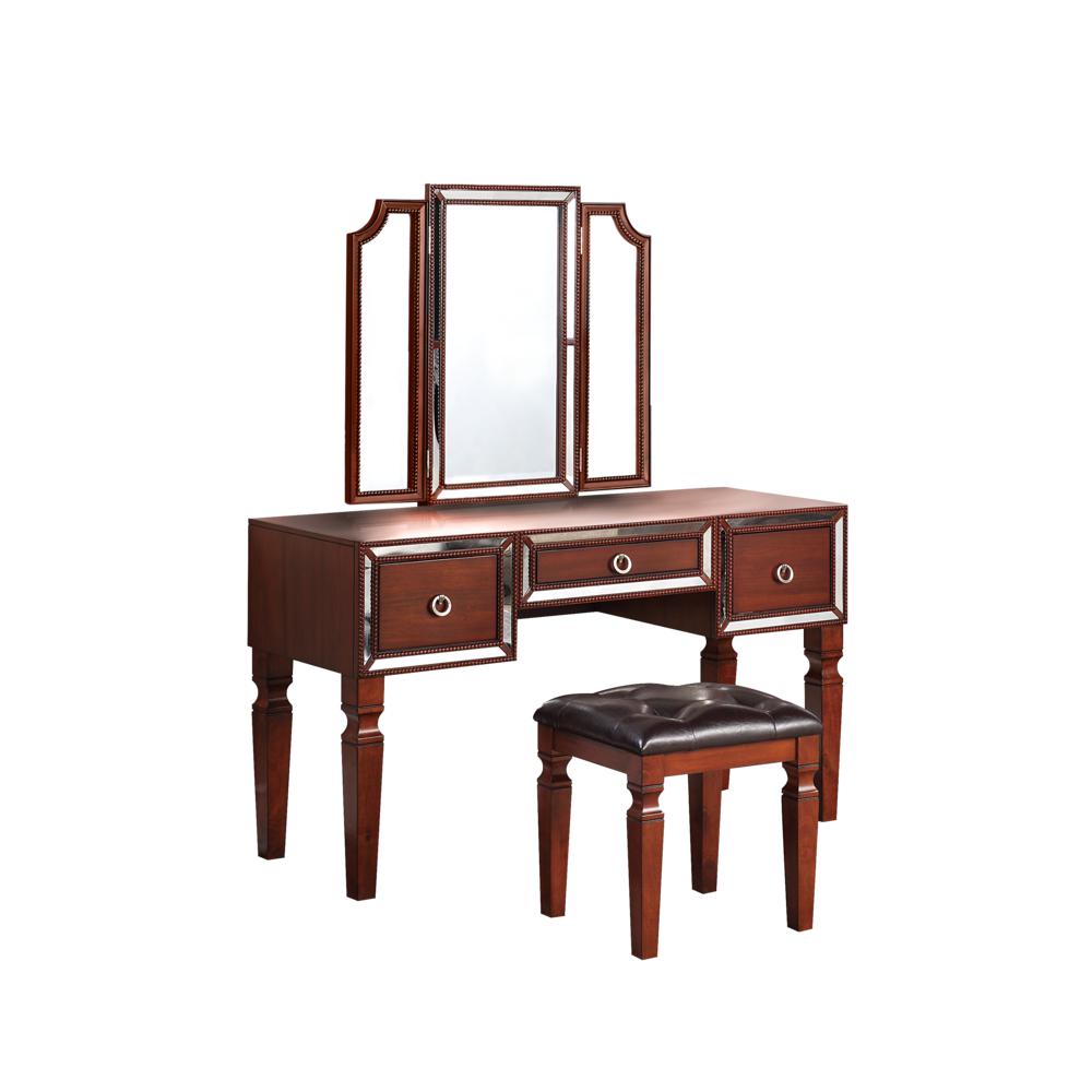 Poundex Wooden Makeup Vanity Set with Tri-fold Mirror and Stool - Cherry, 54" W x 19" D x 60" H, Package Weight 114. Picture 2