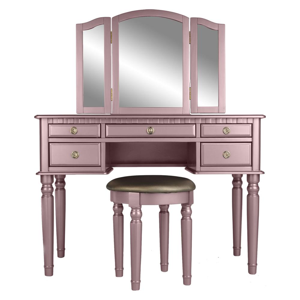 Wooden Makeup Vanity Set Desk, Mirror and Stool - Rose Gold. Picture 2