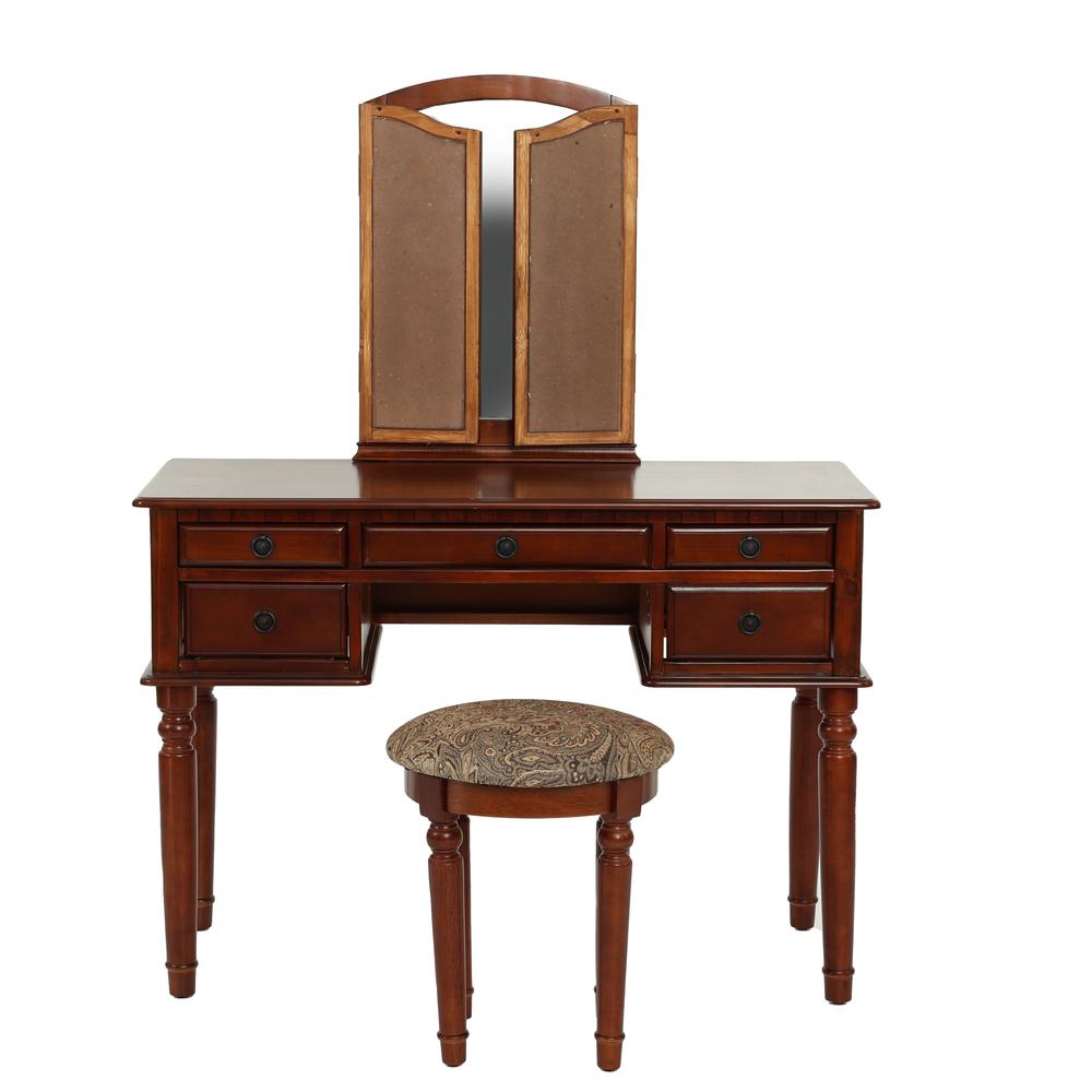 Poundex Wooden Makeup Vanity Set Desk, Mirror and Stool - Cherry, 43" W x 19" D x 54" H, Package Weight 91. Picture 4