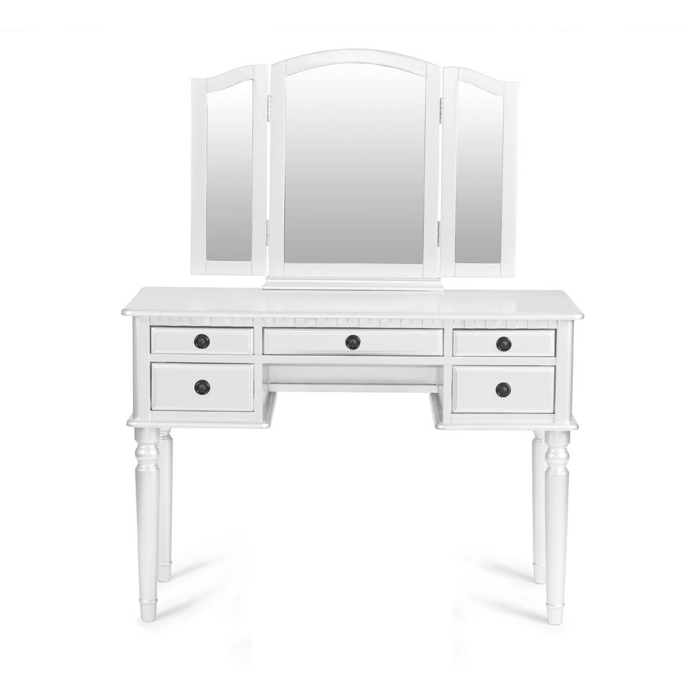 Wooden Makeup Vanity Set Desk, Mirror and Stool - White. Picture 3