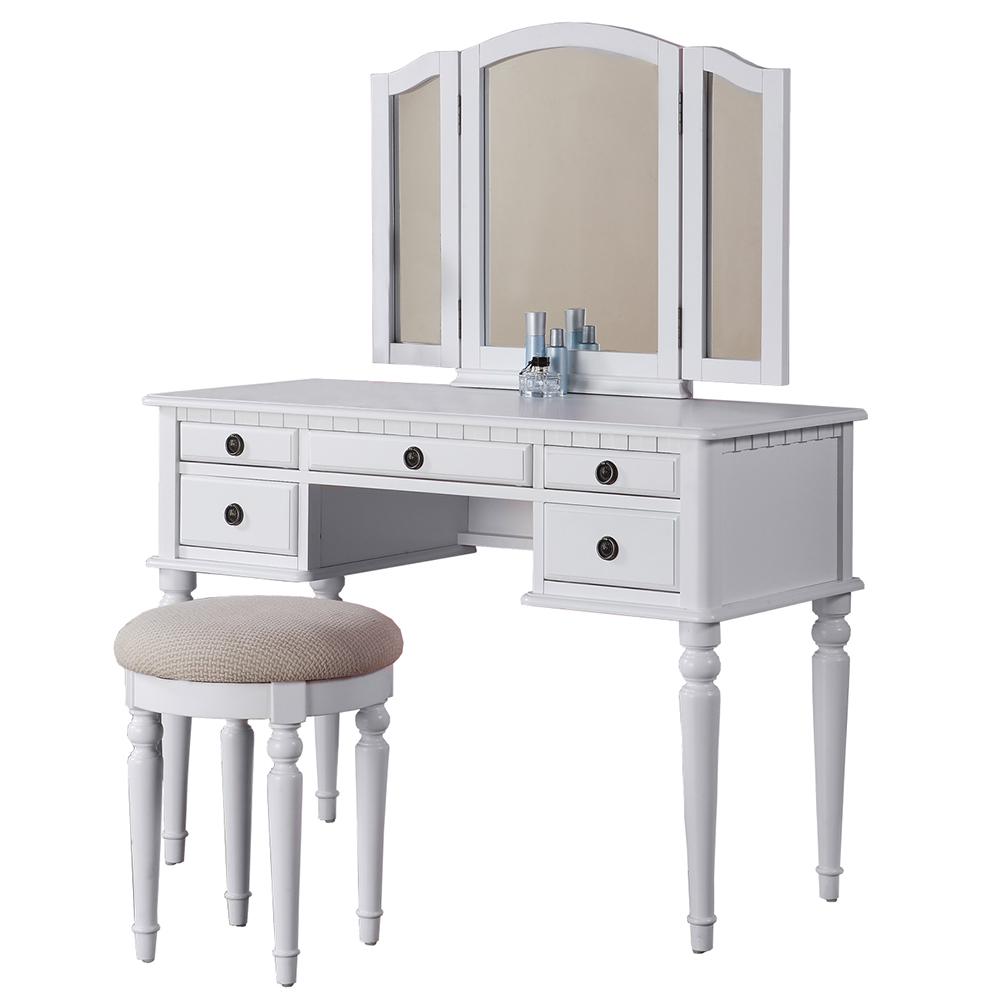 Wooden Makeup Vanity Set Desk, Mirror and Stool - White. Picture 1