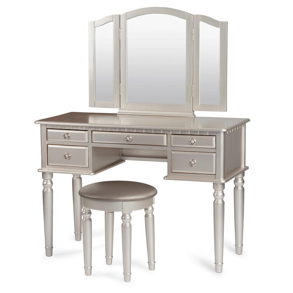 Poundex Wooden Makeup Vanity Set Desk, Mirror and Stool - Silver, 43" W x 19" D x 54" H, Package Weight 91. Picture 1