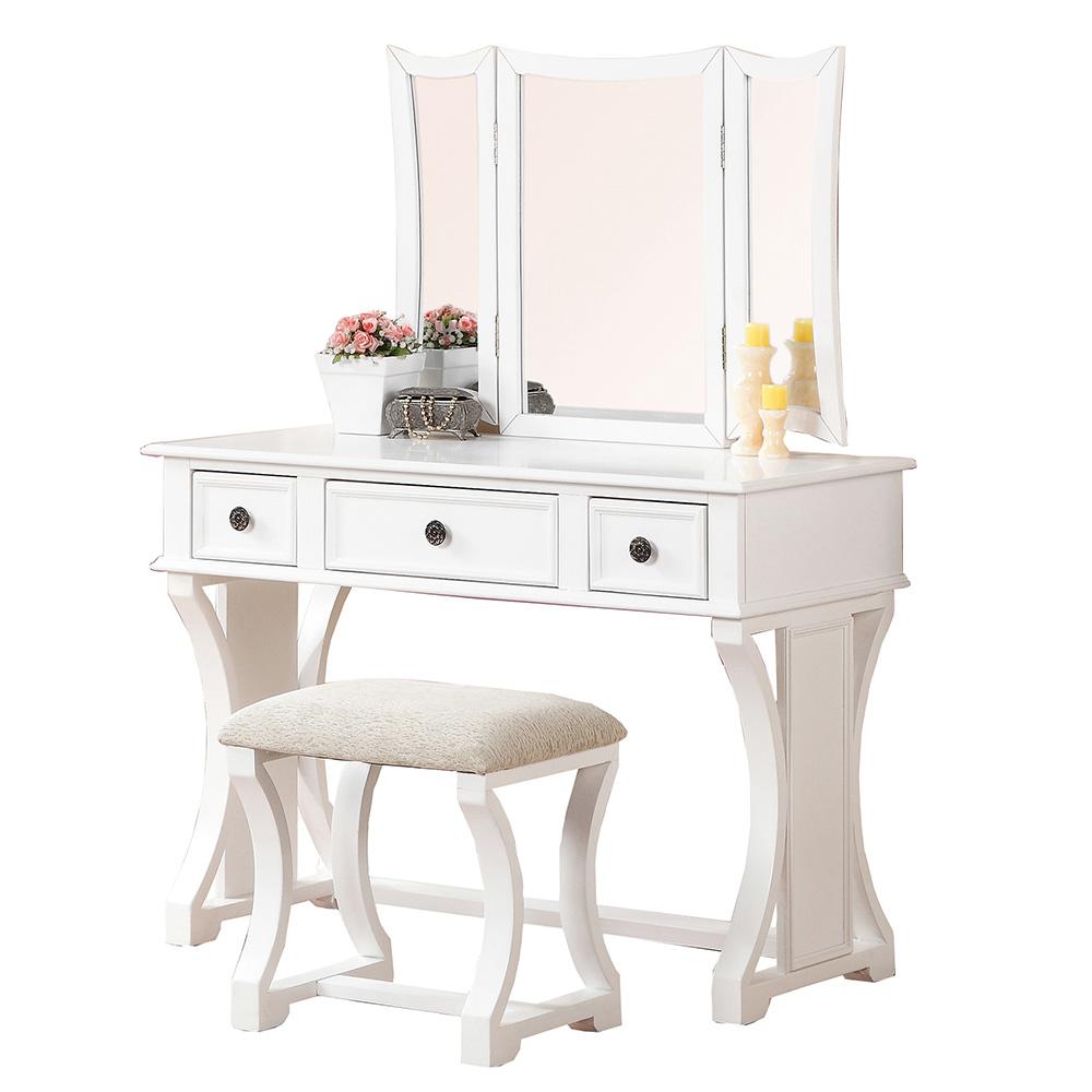 Poundex Wooden Makeup Vanity Set Desk, Mirror and Stool - White, 43" W x 19" D x 54" H, Package Weight 89. Picture 1
