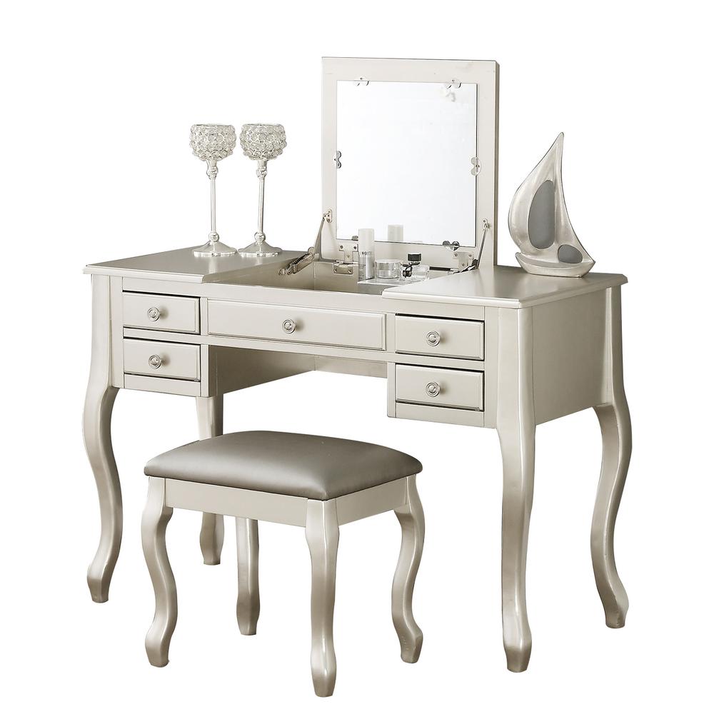Wooden Makeup Vanity Set Desk, Mirror and Stool - Silver. Picture 1