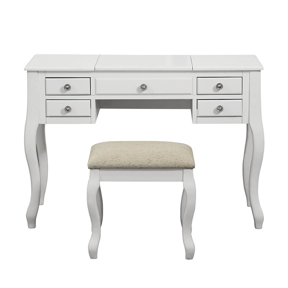 Poundex Wooden Makeup Vanity Set Desk, Mirror and Stool - White, 43" W x 18" D x 30" up-to 47" H, Package Weight 80. Picture 2