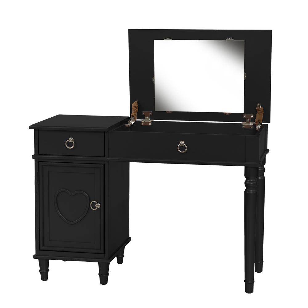 Wooden Makeup Vanity Set Desk, Mirror and Stool - Black. Picture 2