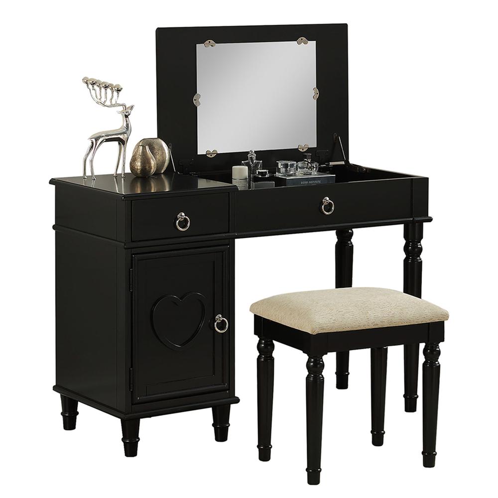 Wooden Makeup Vanity Set Desk, Mirror and Stool - Black. Picture 1