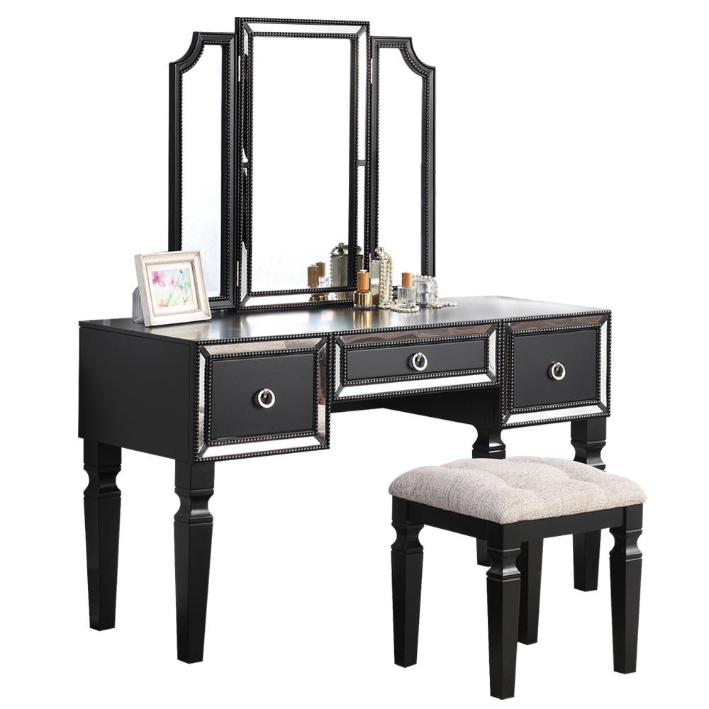 Poundex Wooden Makeup Vanity Set with Tri-fold Mirror and Stool - Black, 54" W x 19" D x 60" H, Package Weight 114. Picture 1