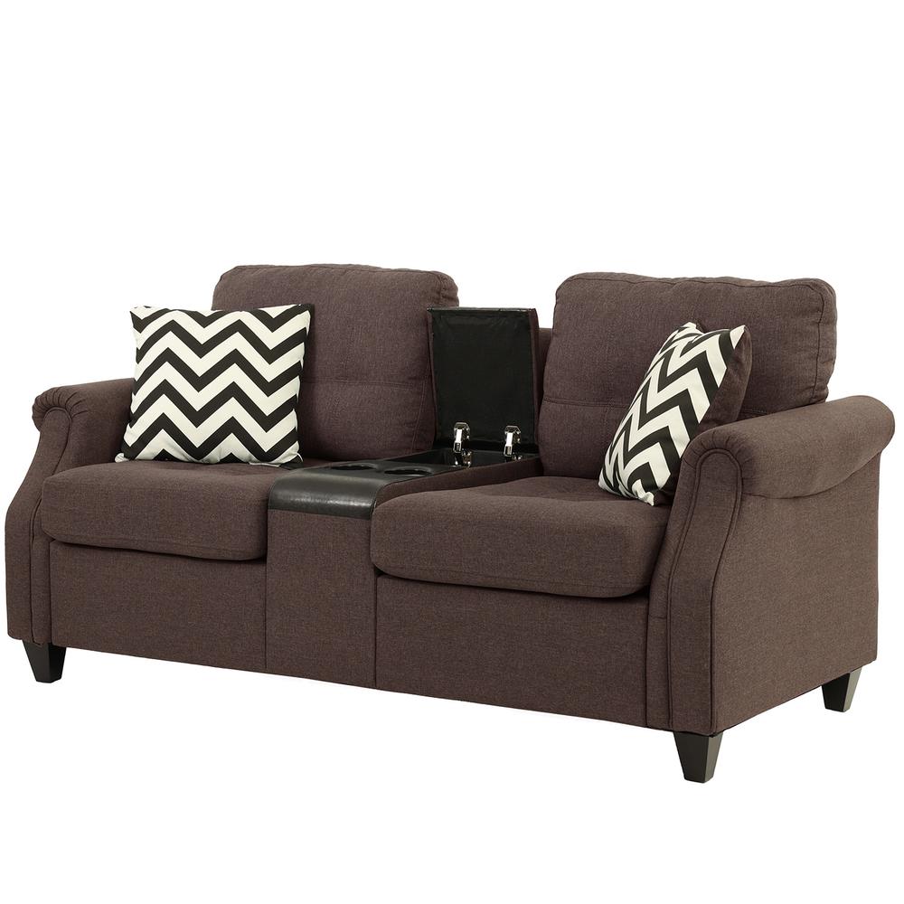 Poundex 2 Piece Fabric Sofa Set with USB Console in Dark Coffee, Sofa: 84" W x 33" D x 36" H, Loveseat with USB Console: 72" W x 33" D x 36" H, Package Weight 129. Picture 2