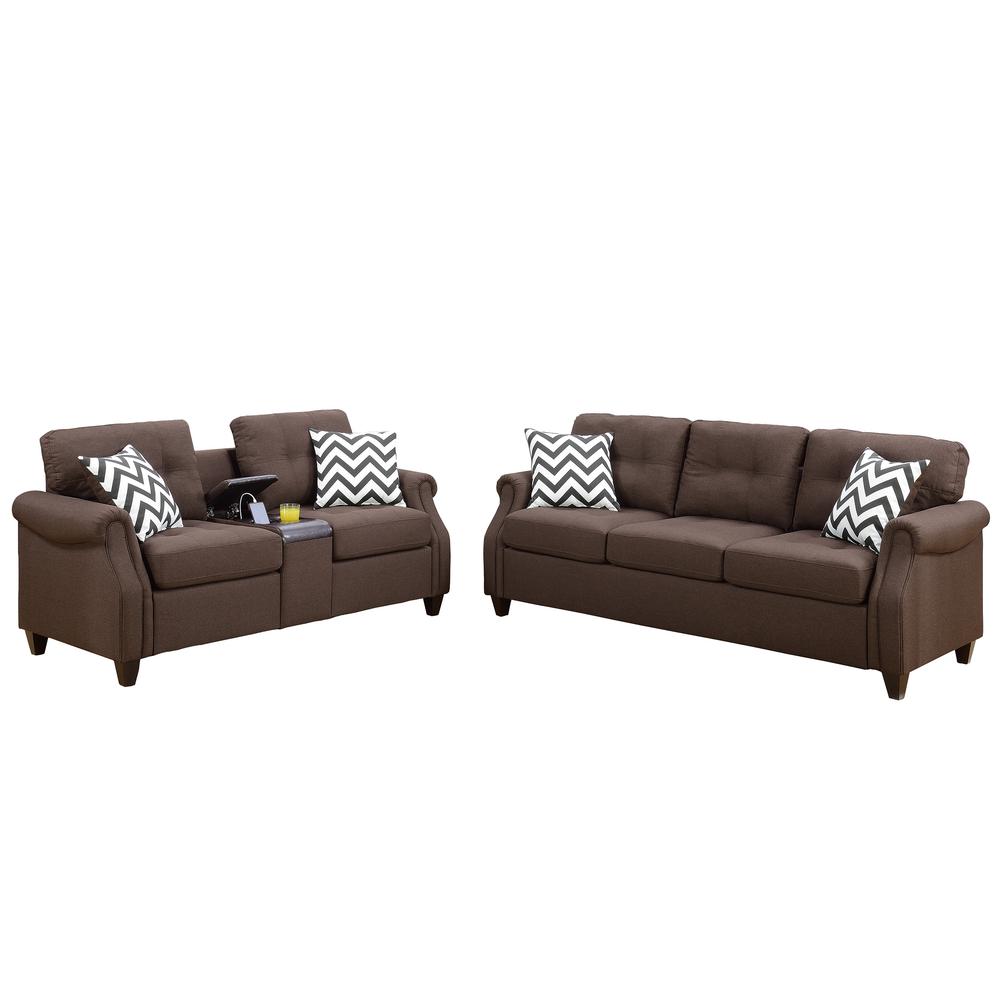 Poundex 2 Piece Fabric Sofa Set with USB Console in Dark Coffee, Sofa: 84" W x 33" D x 36" H, Loveseat with USB Console: 72" W x 33" D x 36" H, Package Weight 129. Picture 1