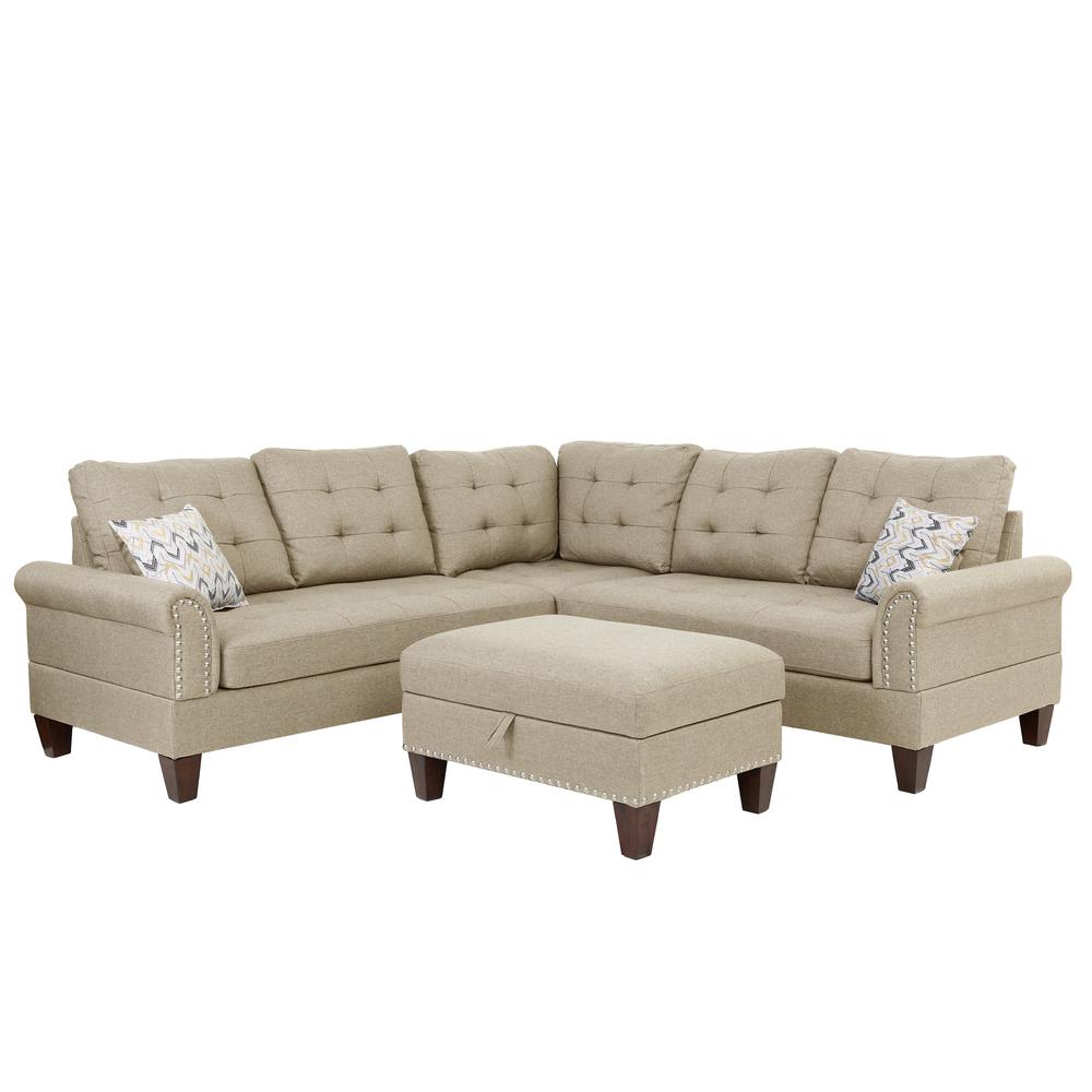 Poundex 3 Piece Fabric Sectional Set with Storage Ottoman in Beige, 90" W x 90" D x 36" H, Package Weight 132. Picture 1