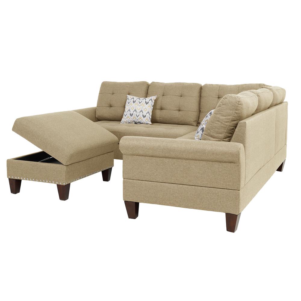 Poundex 3 Piece Fabric Sectional Set with Storage Ottoman in Beige, 90" W x 90" D x 36" H, Package Weight 132. Picture 2