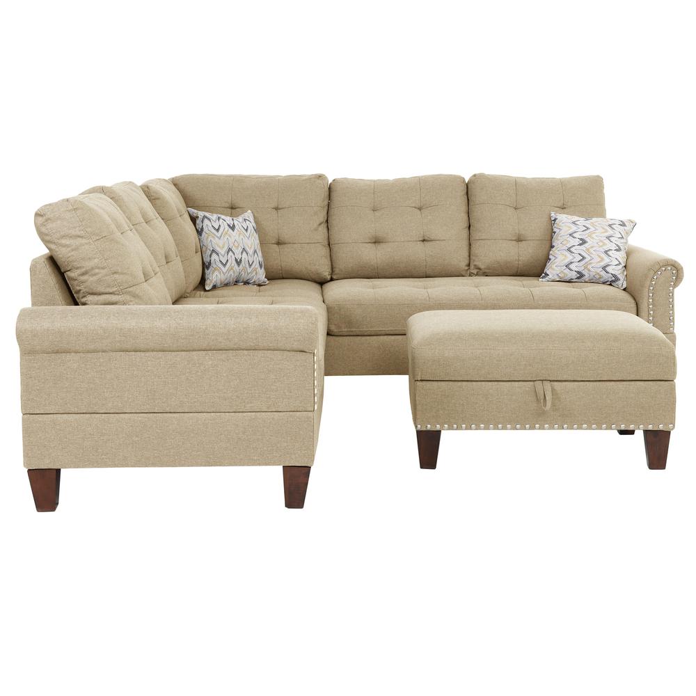 Poundex 3 Piece Fabric Sectional Set with Storage Ottoman in Beige, 90" W x 90" D x 36" H, Package Weight 132. Picture 3
