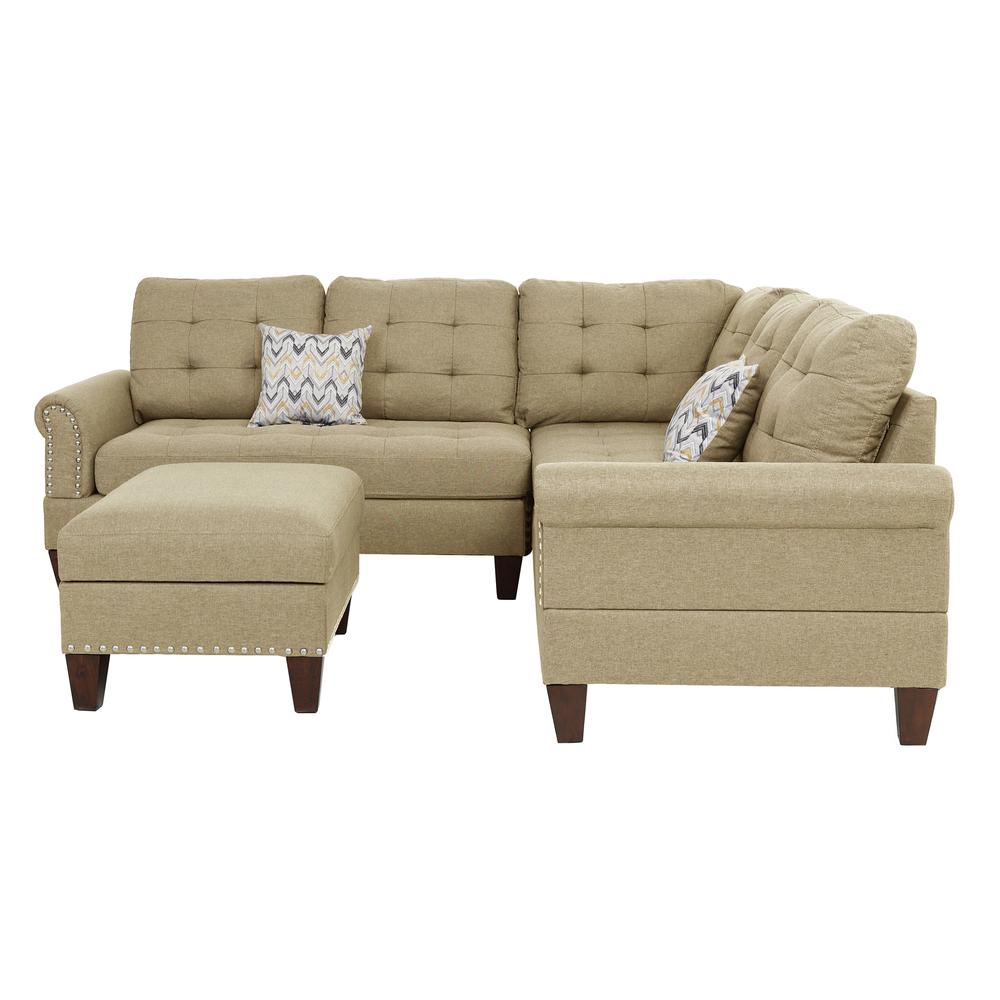 Poundex 3 Piece Fabric Sectional Set with Storage Ottoman in Beige, 90" W x 90" D x 36" H, Package Weight 132. Picture 4