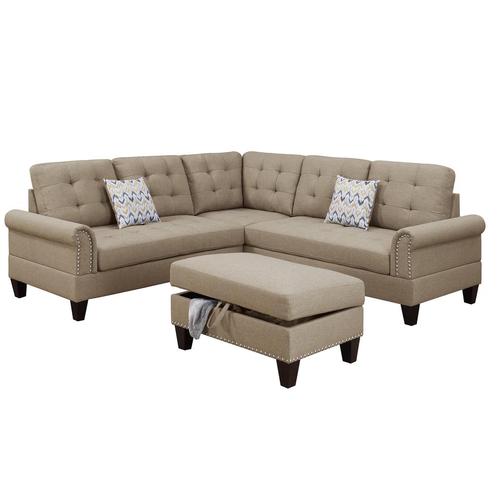 Poundex 3 Piece Fabric Sectional Set with Storage Ottoman in Beige, 90" W x 90" D x 36" H, Package Weight 132. Picture 5