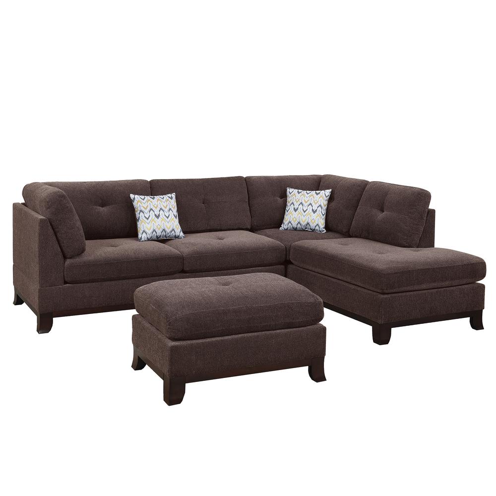 Poundex 3 Piece Fabric Sectional Set with Ottoman in Dark Coffee, 104" W x 75" D x 35" H, Package Weight 102. Picture 6