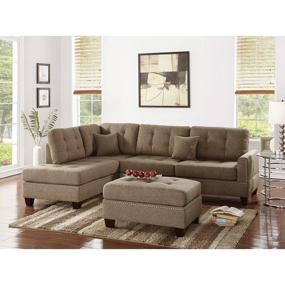Poundex 3 Piece Fabric Sectional Set with Ottoman in Coffee, 104" W x 75" D x 35" H, Package Weight 97. Picture 9